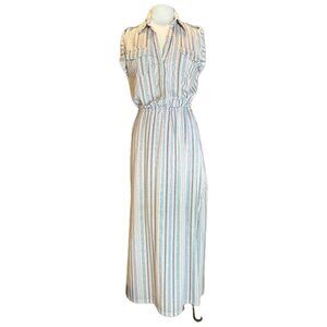 No Comment Sleeveless Striped Button Casual Maxi Dress Pockets Large Blue Pink